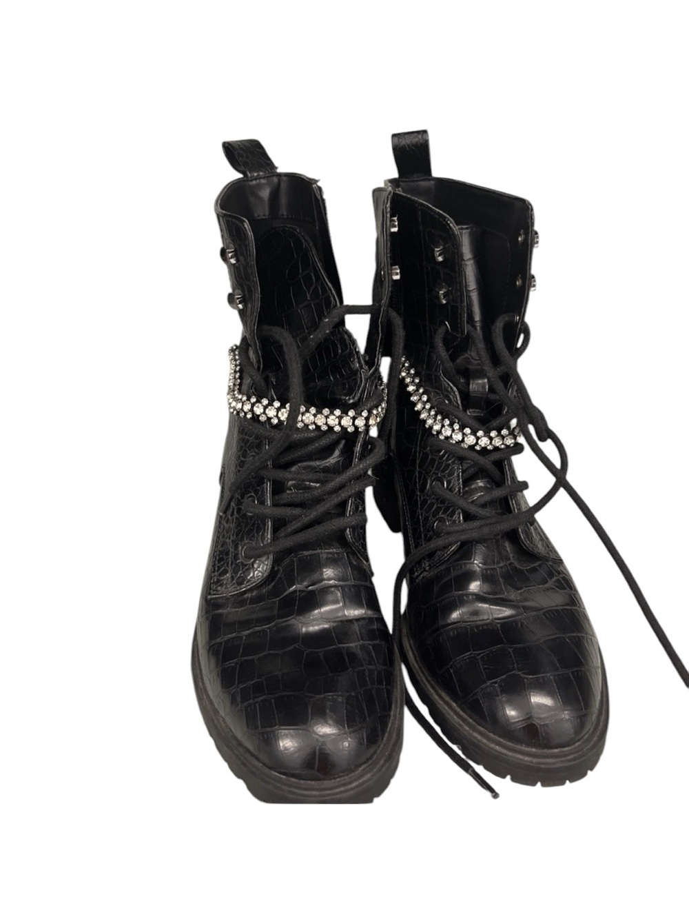 Express Black Croc-Embossed Lace-Up Boots with Rhinestone Strap 9 - Picture 3 of 6